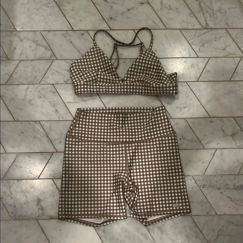 ALO Yoga Checkered Athletic Shorts and sports bra